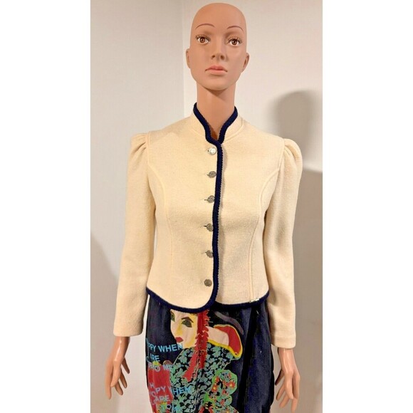 LITZA Vintage White Black Boiled Wool Puff Shoulder Silver Buttons Jacket  2-4 - Picture 2 of 10